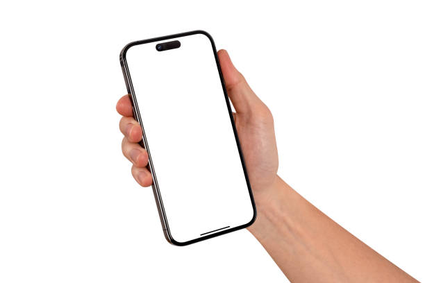 istock Beautiful hand holding smartphone with blank screen isolated on white background. Advertising, business, finance and technology concept. 2199802603