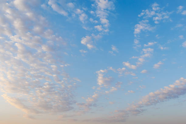 A clear blue sky with light, scattered small clouds at dawn stretching across the horizon. The sky is illuminated by soft morning light, creating a slight gradient between blue and soft pastel tones