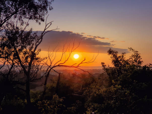 istock Vibrant sunset as seen through a dry tree branch. Beautiful autumn scene. 2199813707