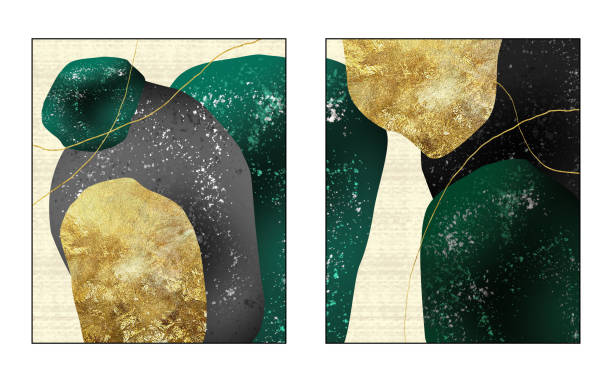 istock 2 pieces colorful marble shapes art. 3d minimal illustration artwork for canvas wall decor. golden, green, black, blue and white gray marble background. wall art decoration 2199814568