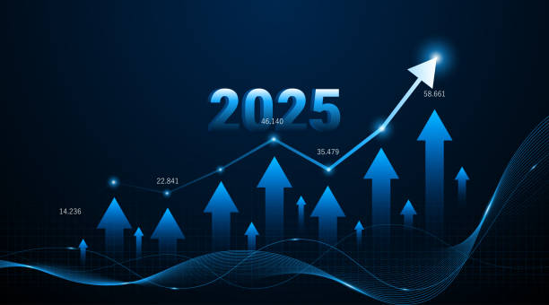 istock Arrow pointing upwards for future company growth in 2025. Stock market graph with rising candles 2199817583