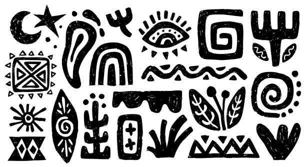 ilustrații de stoc cu set de simboluri tribale desenate manual, elemente africane, cu model aztec, - ancient civilization