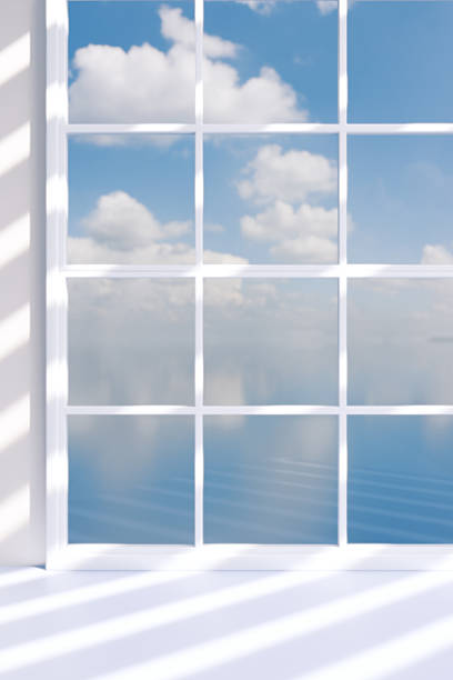 A serene view through a window showcasing clouds and calm waters, perfect for a peaceful moment. 3d rendering