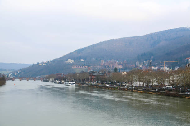 A picturesque view of Heidelberg, Germany, featuring the city’s historic architecture, lush green hills, and the iconic Neckar River. The blend of old and modern elements creates a timeless atmosphere, inviting exploration and admiration. The cityscape, possibly seen from a high vantage point, captures the charm of Heidelberg’s rooftops, bridges, and surrounding nature.