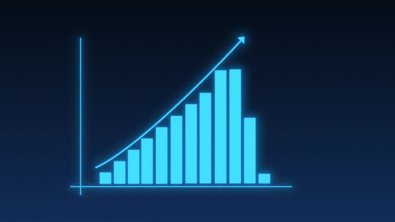 Digital blue bar graph with growing business concept. Technological diagram with grid. Abstract background.