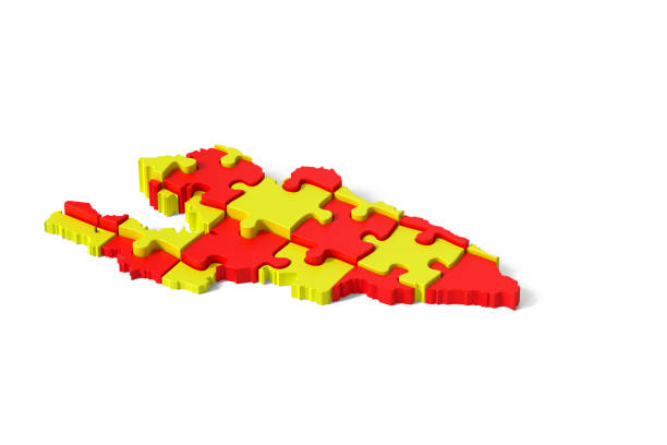 Kyrgyzstan puzzle map showing red and yellow jigsaw pieces forming the country shape. 3d rendering