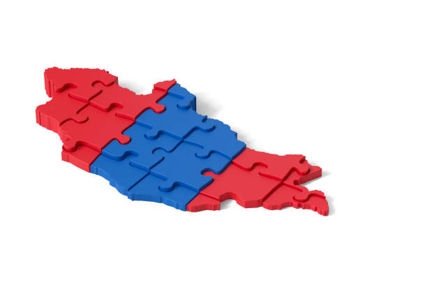 3d rendering of Mongolia puzzle map with red and blue pieces on white background