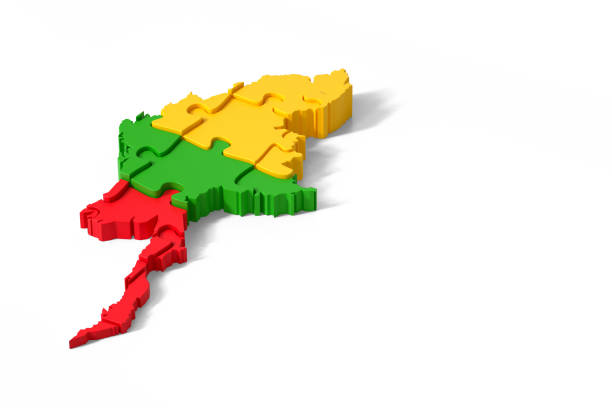 3d render illustration of Myanmar map puzzle with separated regions forming the country over white background with copy space