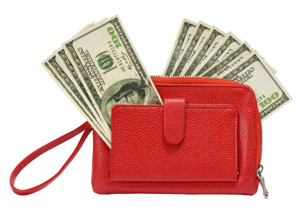 istock Red Handbag With Hundred Dollar Bills Sticking Out On White 2199854288