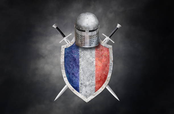 istock knight's swords shield and helmet on dark background 2199861089