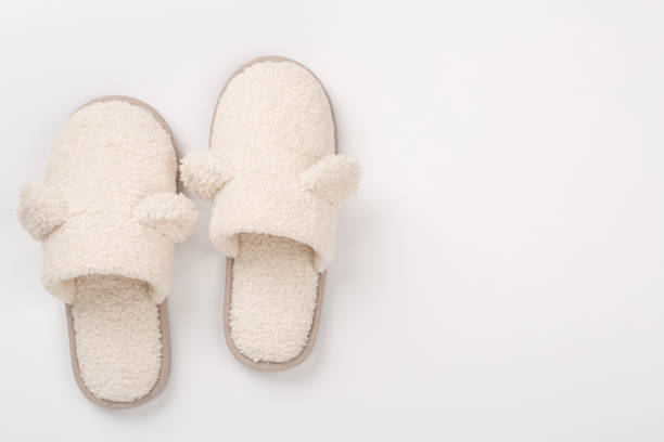 istock Soft teddy slippers on color background, top view 2199864260