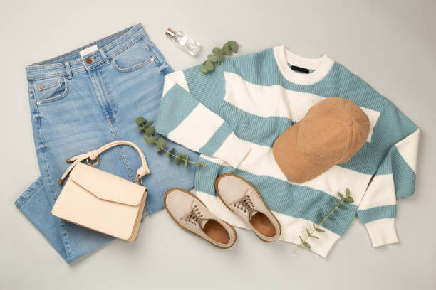 istock Flat lay with women's trendy spring outfit on gray background,, top view 2199864270