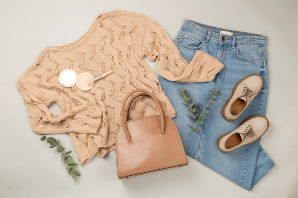 istock Flat lay with women's trendy spring outfit on gray background,, top view 2199864273