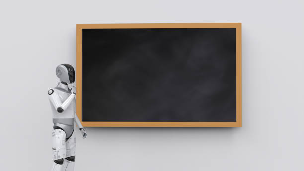 istock Humanoid robot or ai cyborg standing at blackboard 2199877219