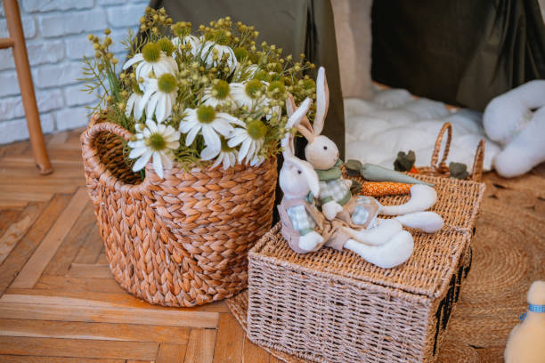 Cozy corner with flowers and stuffed animals for a warm vibe