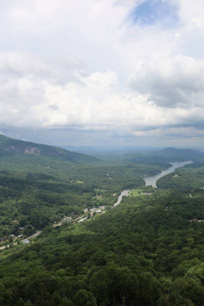 Eco tourism, North Carolina, NC, Chimney Rock, lake Lure, Waterfalls, American Flag, tourist, sport ware, active ware, wonders, nature, awesome, forest, valley, sky, clouds, hiking, climbing, destination, vacation, active, summer, cloudy, high