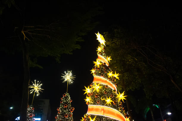 istock Huge Christmas tree illuminating at dark night. Landscape 2199909053