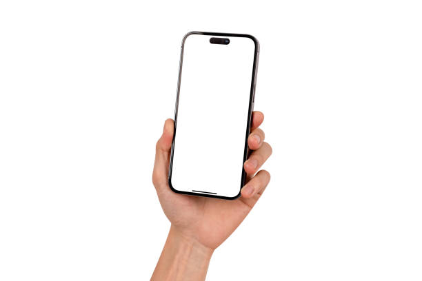 istock Beautiful hand holding smartphone with blank screen isolated on white background. Advertising, business, finance and technology concept. 2199913599