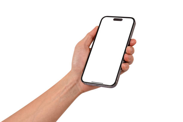 istock Beautiful hand holding smartphone with blank screen isolated on white background. Advertising, business, finance and technology concept. 2199913603