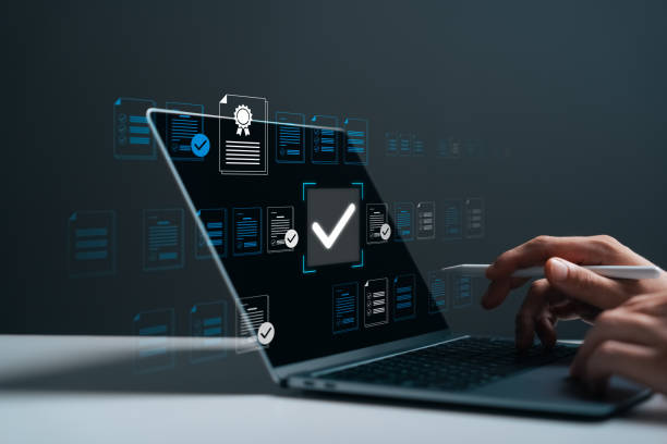 istock Digital form checklist filling out online survey, document check mark and online document approval. 2199919111