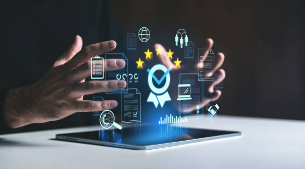 istock Digital customer satisfaction concept with hands hovering around glowing icons. 2199926134