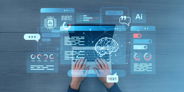 istock Hands typing on a laptop with AI holographic elements on a wooden surface. 2199926289