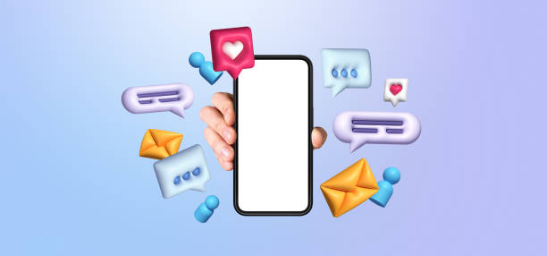 istock Smartphone mockup held in hand surrounded by colorful 3D chat and email icons on gradient background. 2199926662
