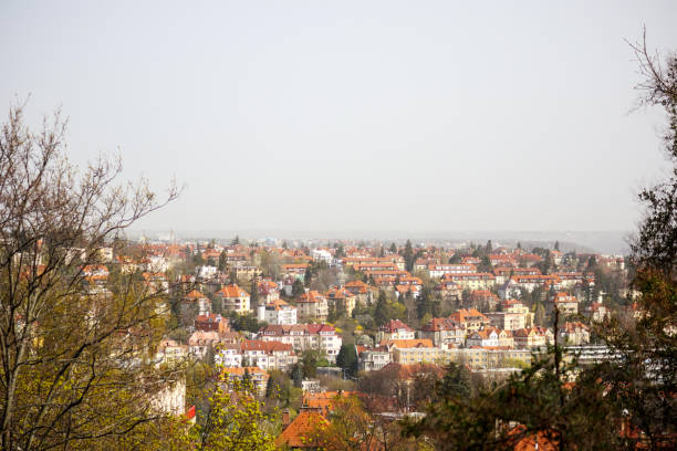 istock .cityscape with many houses and trees under a clear sky. 2199926798