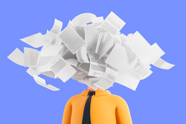 istock Person with papers flying around instead of a head, symbolizing stress and information overload. 3D Rendering 2199927471