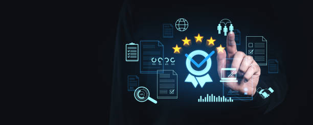 istock Digital customer review interface with a glowing hand gesture on dark background. 2199927654
