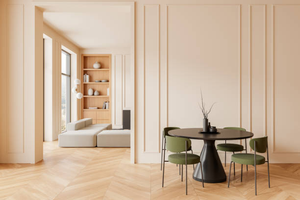 istock Minimalist dining room interior with large window and natural wooden flooring. 3D Rendering 2199928375