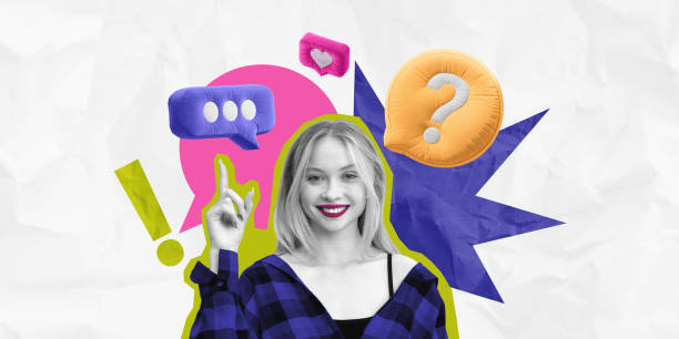 istock Cheerful woman pointing up with thought bubbles around her. 2199928506
