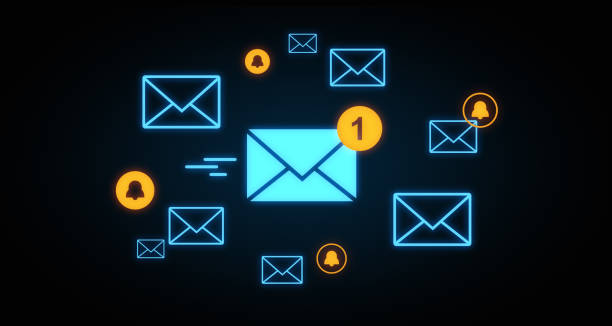 istock Neon email icons with notification alerts on dark background. 3D Rendering 2199928706
