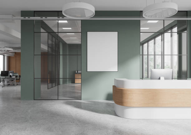 Spacious modern office reception area with green walls, clocks, and wooden desk. Open space with large windows and city view. Concept of business interior. 3D Rendering.