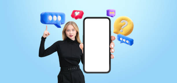 istock Smartphone mockup held by a person wearing black with colorful e 2199929449