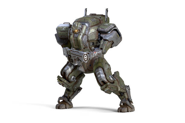istock 3d render sci-fi mech soldier stands in an attack pose holding an assault rifle with both hands. 2199931206