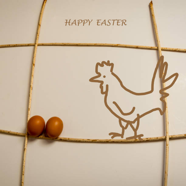 simple wooden twig frame supplemented with a childish drawing, Easter concept