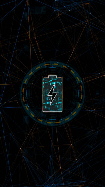 istock Blue digital battery logo with circle futuristic HUD elements and orange line connection with power reserve concepts on vertical abstract background 2199936373