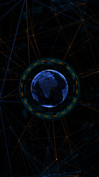 Blue digital earth sphere with circle futuristic HUD elements and orange line connection technology on vertical abstract background concepts