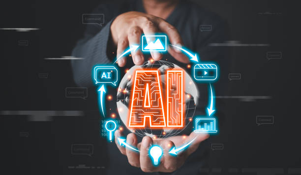 Ai generates creation content concepts. Man's hand use AI icon technology, Marketers education, research, analyze media video streaming online marketing strategies to grow their digital business.
