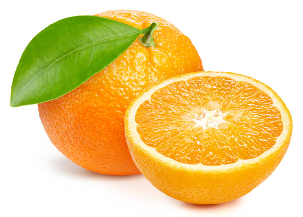 istock Fresh organic orange with leaves isolated on white background 2199948906