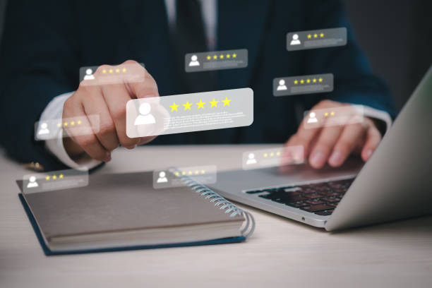 istock Business analyzing virtual customer feedback, digital star rating management, online review platform, client satisfaction metrics, user experience evaluation 2199954668