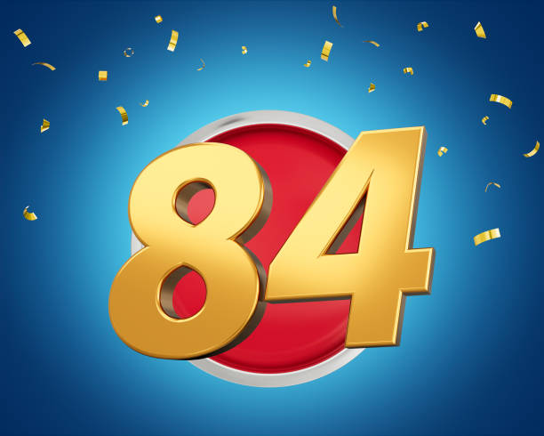 istock Gold Number 84 Gold Number Eighty Four On Rounded Red Icon with Particles, 3d illustration 2199958669