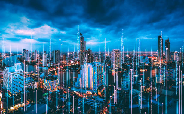 istock Future tech Bangkok building city and digital cyber internet line on blue night sky background in Thailand Smart network and Connect technology concept 2199959215