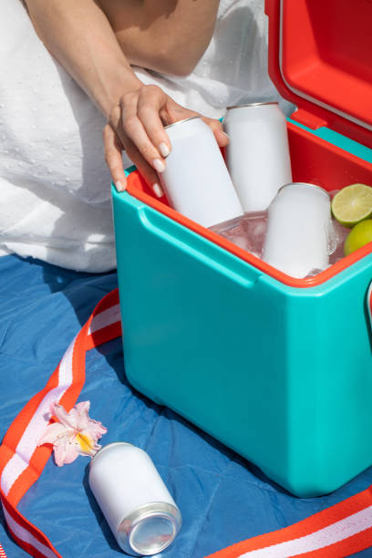 istock Woman holding beverage can with copy space over thermos box 2199959812