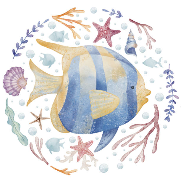 istock Watercolor illustration of a Fish surrounded by coral, seaweed, shells, and bubbles. Drawing for childish nursery posters or marine themed baby designs. Nautical art for kids invitations or cards 2199960666
