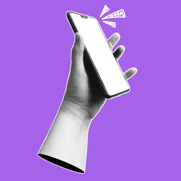 istock Collage with hand holding smartphone. Trendy banner with  human palms and mobile phone. Modern pop art with halftone effects. Vector  illustration. 2199960829