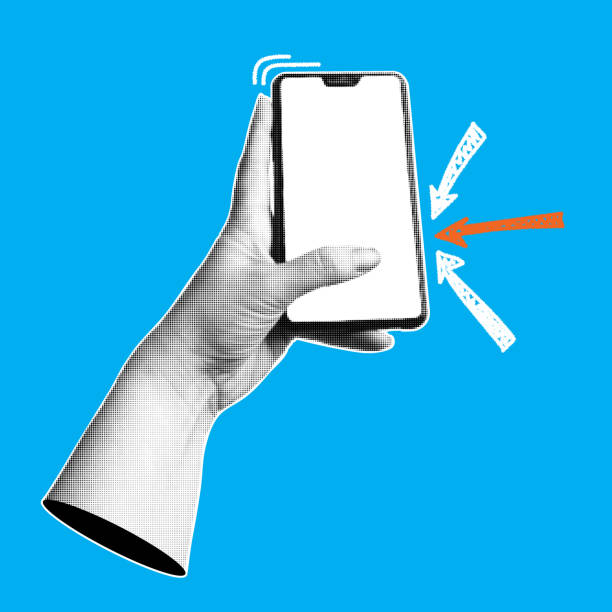 istock Collage with hand holding smartphone. Trendy banner with  human palms and mobile phone. Modern pop art with halftone effects. Vector  illustration. 2199960848