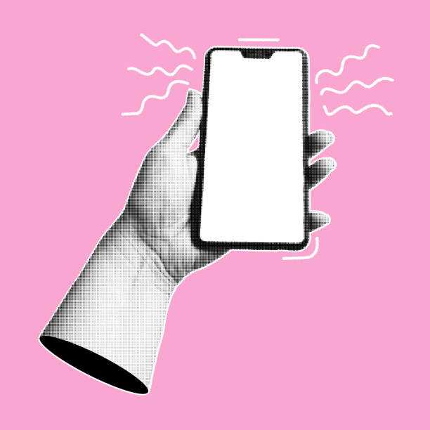 istock Collage with hand holding smartphone. Trendy banner with  human palms and mobile phone. Modern pop art with halftone effects. Vector  illustration. 2199960849