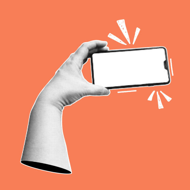 istock Collage with hand holding smartphone. Trendy banner with  human palms and mobile phone. Modern pop art with halftone effects. Vector  illustration. 2199960863